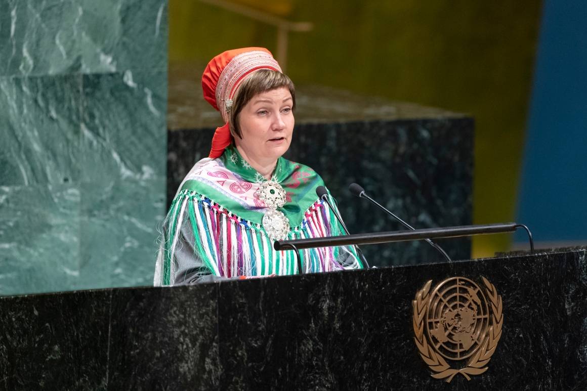 Daværende sametingspresident, Aili Keskitalo, taler til FNs generalforsamling i det internasjonale året for urfolks språk i 2019. Foto: UN Photo/Rick Bajornas.